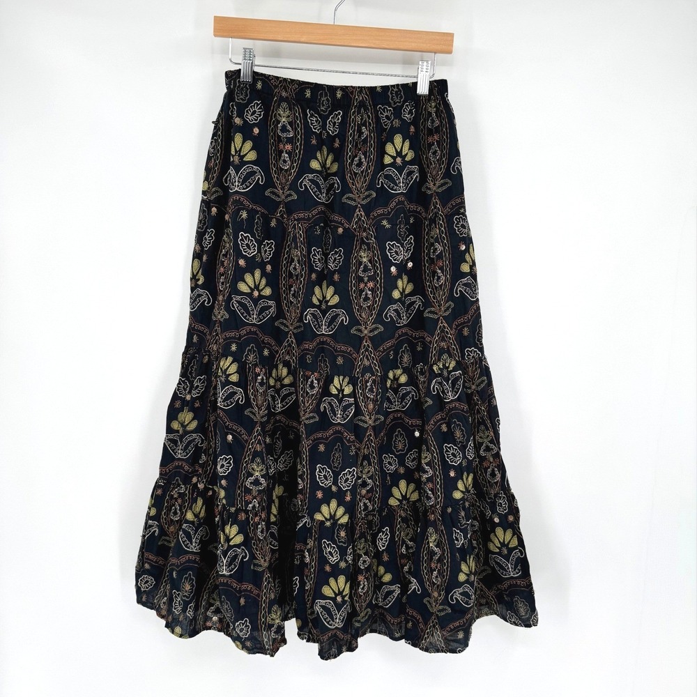 Chico's Brown‎ Long Tiered Skirt with Embroidered Paisley/Floral Pattern Women's
